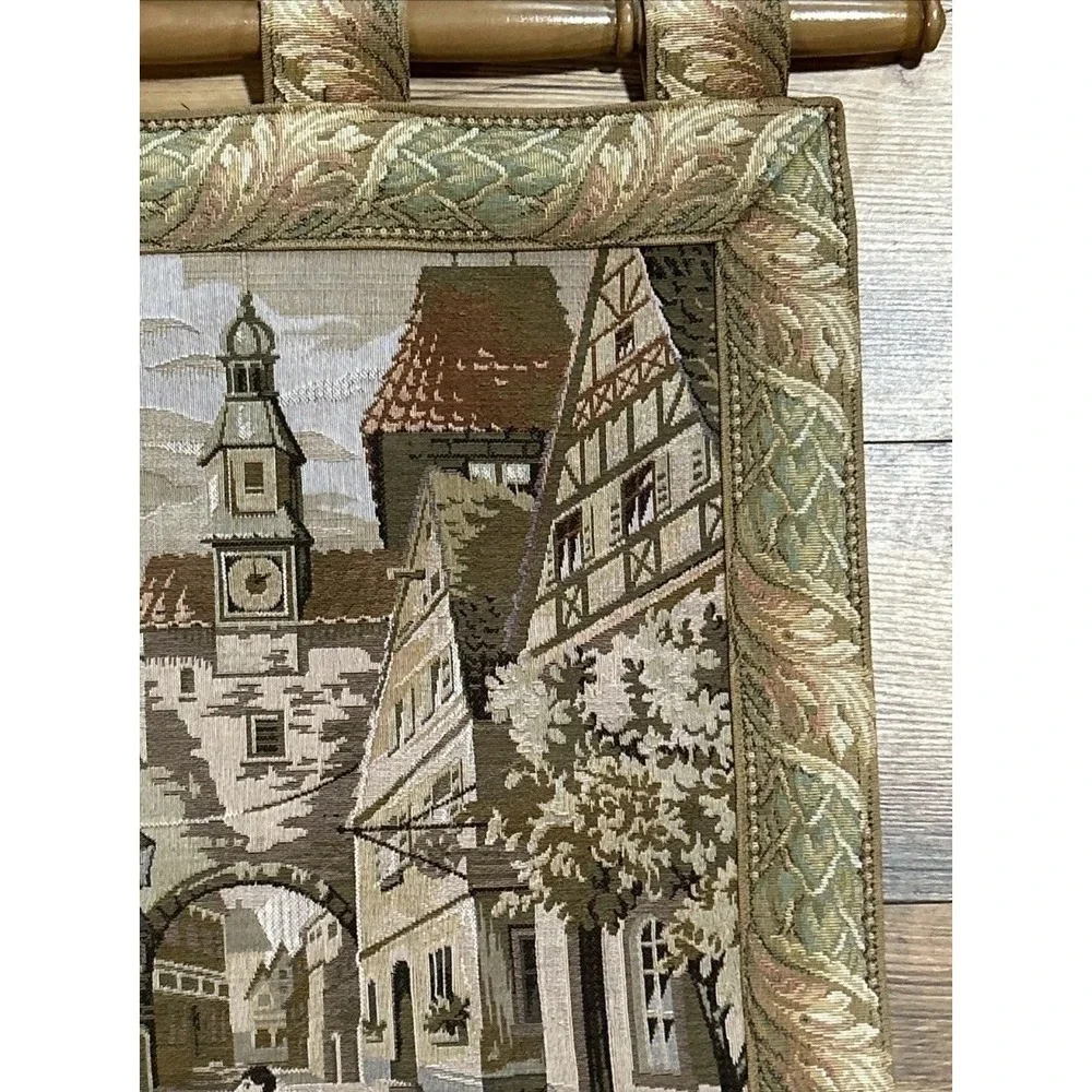 Vintage Woven Tapestry Wall Hanging German Village Scene Wooden Rod  Folk Art